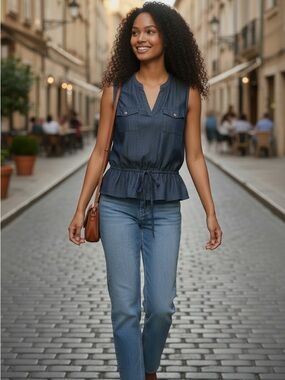 Nautica Navy light Denim-look Sleeveless Drawstring Peplum Top